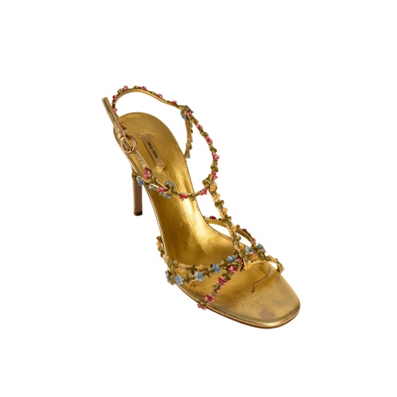 Miu Miu S/S 2004 Floral Gold Leather T-Strap Sandal Heels - Picture 3 of 6